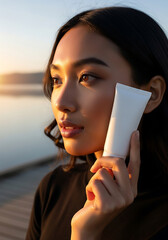 Young woman applying sunscreen on her face while standing on a wooden pier at sunset, enjoying the golden hour light and the serene atmosphere.