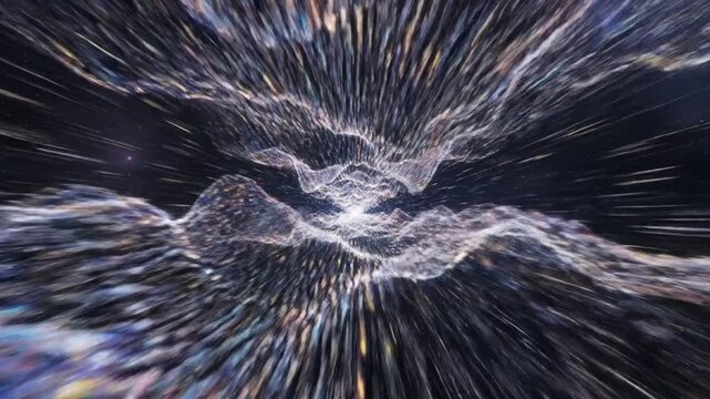 Vast cosmic corridor of crystalline light waves with iridescent warp speed sci fi atmosphere