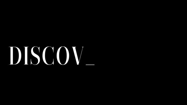 A fragment of the word 'DISCOVER MORE_' in a sophisticated white serif font is isolated against a plain black background, providing a versatile graphic resource for various design applications.