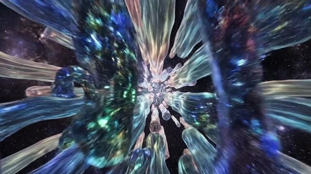 Hyperspace environment with luminous iridescent ribbons in dark interstellar space and cinematic motion