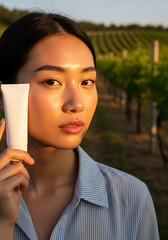 Young asian woman holds white tube of sunscreen in vineyard during golden hour, promoting skincare and sun protection with natural beauty.