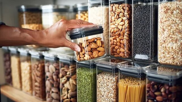 Man putting clear storage container with almonds on shelf with other food containers, showing pantry organization and food storage