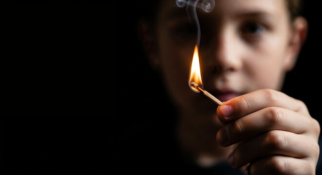 Boy lighting match in dark room symbolizing risk and awakening