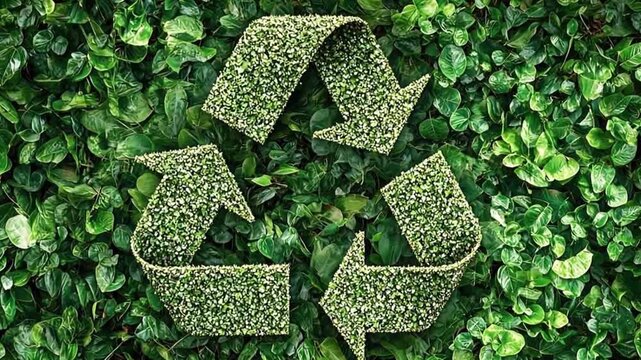 Green recycle symbol on lush plant wall, representing eco friendly efforts and sustainability. Green earth day concept.