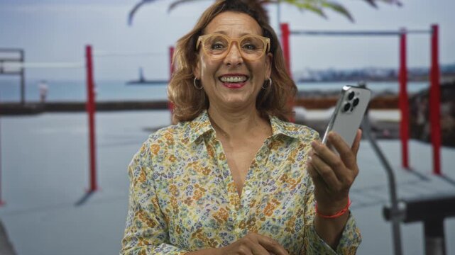 Woman smiles and swipes smartphone screen in outdoor sports center with parallel bars; fitness motivation confidence.
