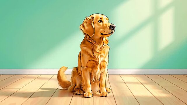 Golden Retriever Sitting on Wooden Floor.