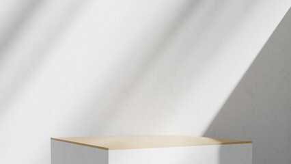 Rectangle wood platform on white concrete wall with shadow copy space. 3d rendering