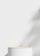 Vertical round wooden podium with leaf shadow on white wall copy space. 3d rendering