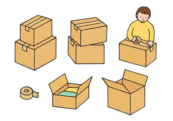 引っ越しの荷造りやダンボールの手描きイラストセット