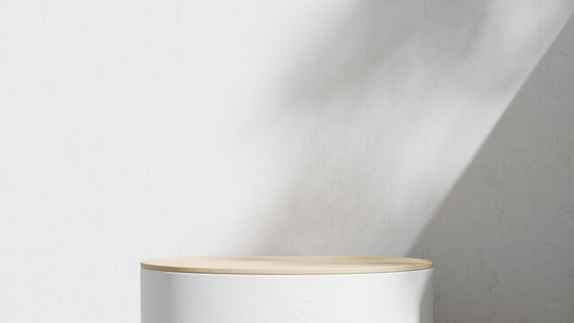 Circular wooden pedestal on white wall background with shadow copy space. 3d rendering