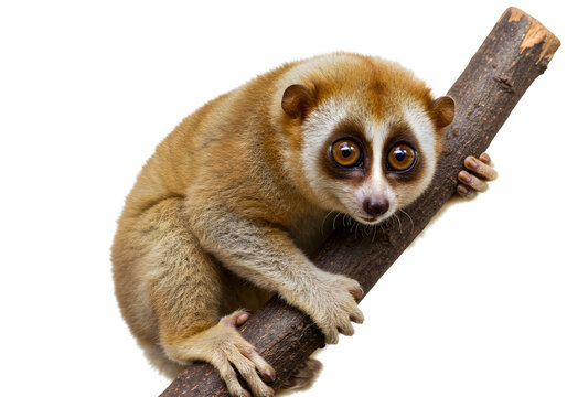 a slow loris perched on a tree branch with a white background