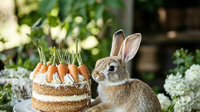 Baby bunny reaching for a carrot cake on a stand outdoors, celebrating springtime and Easter holiday