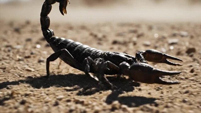 Scorpion crawling on dry desert ground in sunlight.