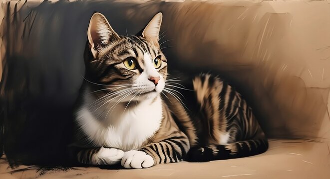 Semi-Realistic Digital Painting of Domestic Tabby Cat in Cozy Setting (8K)