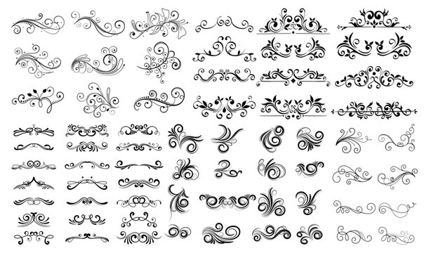 Calligraphic swirl floral ornaments. Modern swirling flourishes, wreath, romantic card decorative swirl and wedding card decor curls swirls dividers set. Black curly thin lines