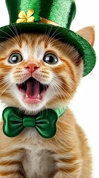 Adorable ginger kitten wearing a green St. Patricks hat and bow tie, with an open mouth expression for holiday cheer or party design
