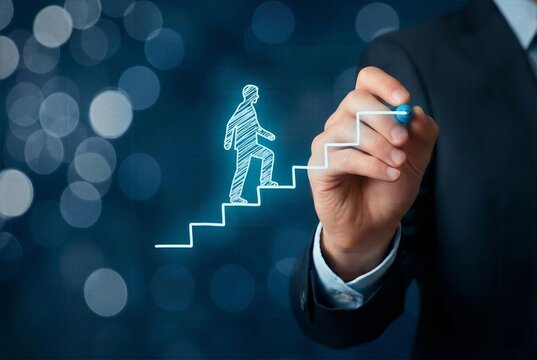 Businessman hand drawing a white staircase with a blue marker and a sketch of a human figure climbing upwards, representing career planning, personal growth, and ambition