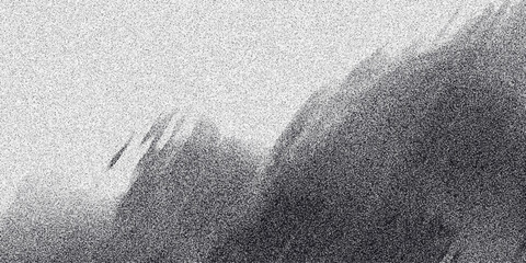 Abstract monochrome grainy texture resembling a stormy sky with blurred mountainous landscape in grayscale tones and dynamic light streaks creating a dramatic atmospheric effect