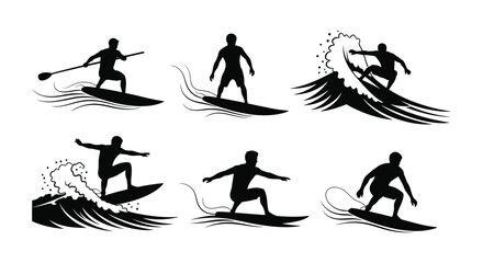 Naklejka premium Collection of surfers in various dynamic poses on waves.