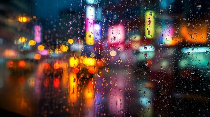 Raindrops on Glass with Neon City Lights / 街のネオンが反射する窓ガラスの水滴1