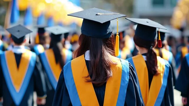 Back view of woman graduate and student column walking in graduation cap and gown. Group of young master degree in the academic process