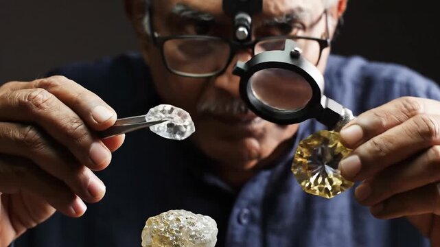 Goldsmith examining rough and cut diamonds with loupe, comparing gems