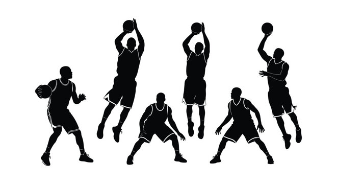 Silhouettes of basketball players in various dynamic poses.