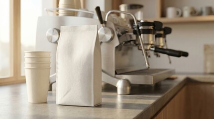 Coffee shop counter with espresso machine, coffee bag, and disposable cups.