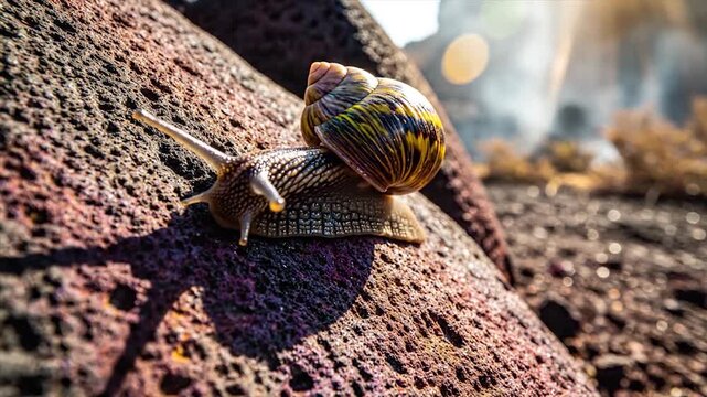 Two snails slowly crawling on a textured rock surface outdoors.