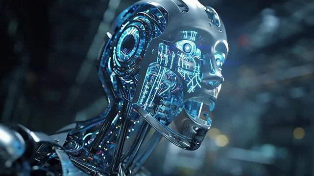 Futuristic animated background featuring a highly advanced AI humanoid robot face, symbolizing the rapid progress of future technology.
