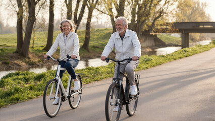 Obraz premium A bright and cheerful scene of a senior couple happily cycling along a scenic park path at sunset, emphasizing vitality, freedom, and a love for the outdoors. 