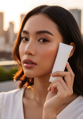 Young woman holding blank white tube of cosmetic product against city skyline during golden hour, promoting skincare and beauty routine.