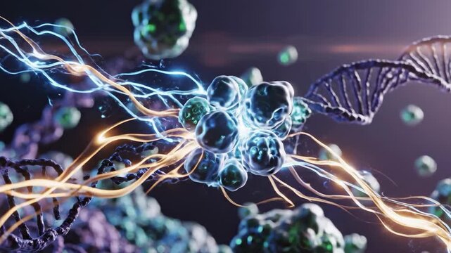 A vibrant depiction of a DNA strand intertwined with glowing energy, representing the mysteries of genetic research and discovery.