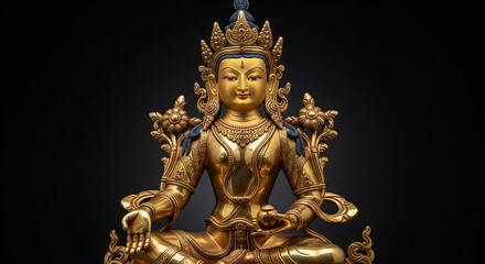 Fototapeta premium Happy Hanuman Jayanti social Golden Hindu deity statue, intricate details, sitting in lotus position, meditative pose, ornate crown, jewelry, serene expression, black background, copy space for ... Se