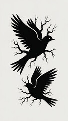 Obraz premium Silhouette of birds flying with branches in a minimalist design from a direct viewpoint
