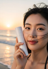 Smiling asian woman holding sunscreen on beach at sunset enjoying the warm weather and protecting her skin from the sun's rays, creating a peaceful and healthy scene.