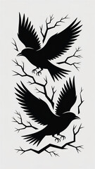 Obraz premium Illustration of birds in flight surrounded by bare branches in a stark environment from a dynamic viewpoint