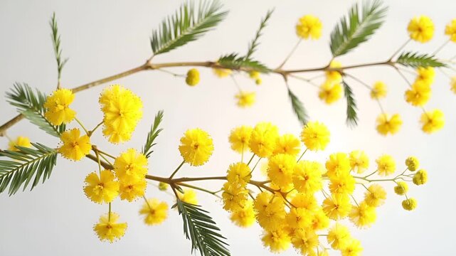 早春の柔らかな自然光の中で、ミモザの花枝がそよ風に静かに揺れる映像です。
黄色い花とグリーンの枝が、クリーンで整理された背景に映えます。
カメラは固定され、花の繊細な動きだけが際立ちます。