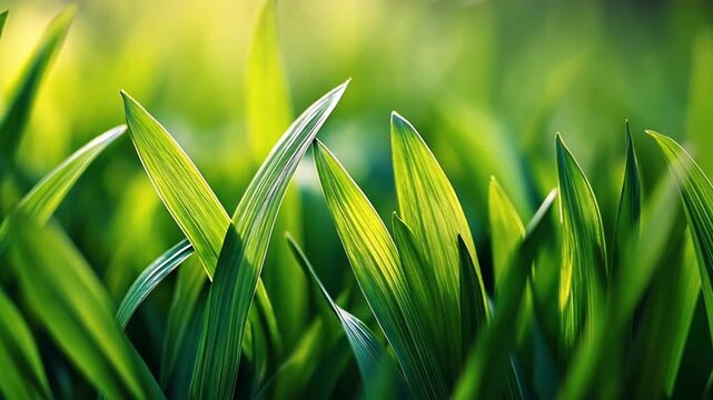 Close-up of vibrant green grass leaves captured in a field with natural sun light, illustrating growth and natural beauty