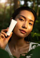 Young woman holds blank white tube of skincare product in lush green forest, showcasing natural beauty and wellness in the golden hour light.