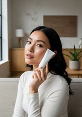Beautiful asian woman holding white skincare tube in bright living room with neutral decor, promoting selfcare and natural beauty.