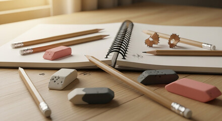 Wooden table with pencils erasers and a notebook sketchbook