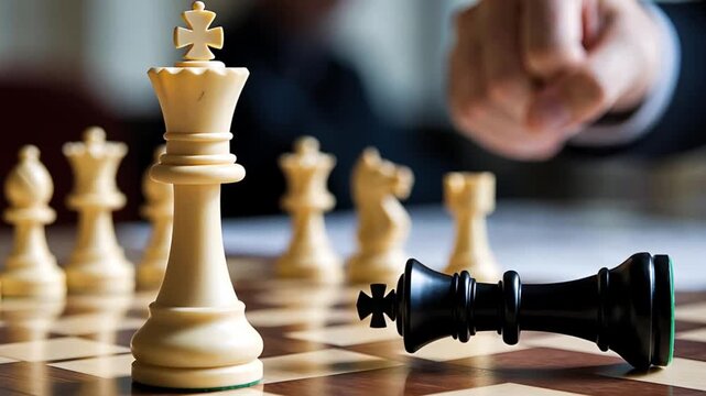 Chess game sequence showing a white king piece standing triumphantly while a black king lies defeated