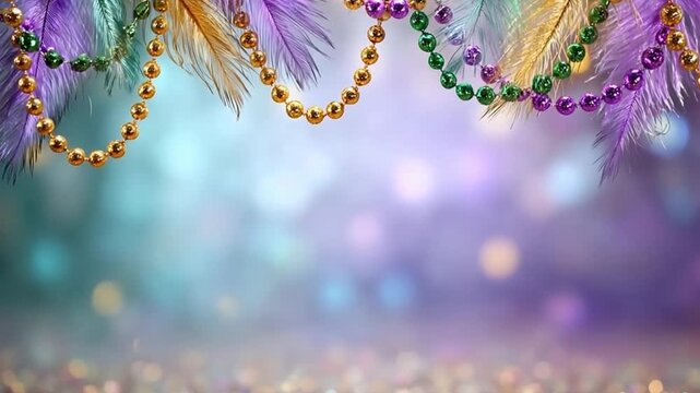 Festive bead and feather decorations on blurred bokeh background. Beautiful purple, green, and gold theme for celebration.