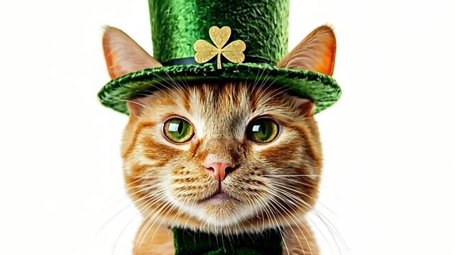 Ginger cat in green leprechaun hat. Pet fashion for St. Patricks day greeting card or seasonal design.