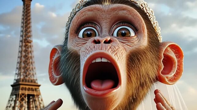 Chimp bride reacting with surprise next to famous tower in Paris. Cute animal cartoon looking amazed with mouth open.