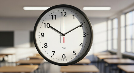 Large round analog clock showing 10:10 in a classroom setting round clock white face