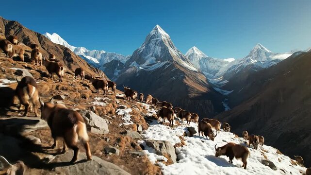 Herd of Himalayan Tahr Grazing on Rocky Mountain Slope with Snow-Capped Peaks