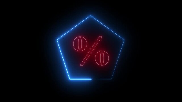 Neon pentagon with percent symbol glowing