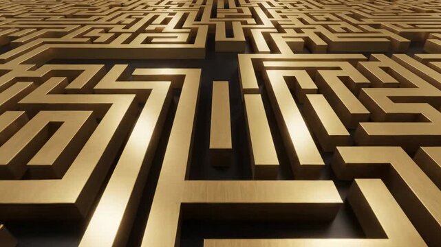 Golden labyrinth pattern representing complex business challenge and strategic problem-solving concept in a dark environment with dramatic lighting
